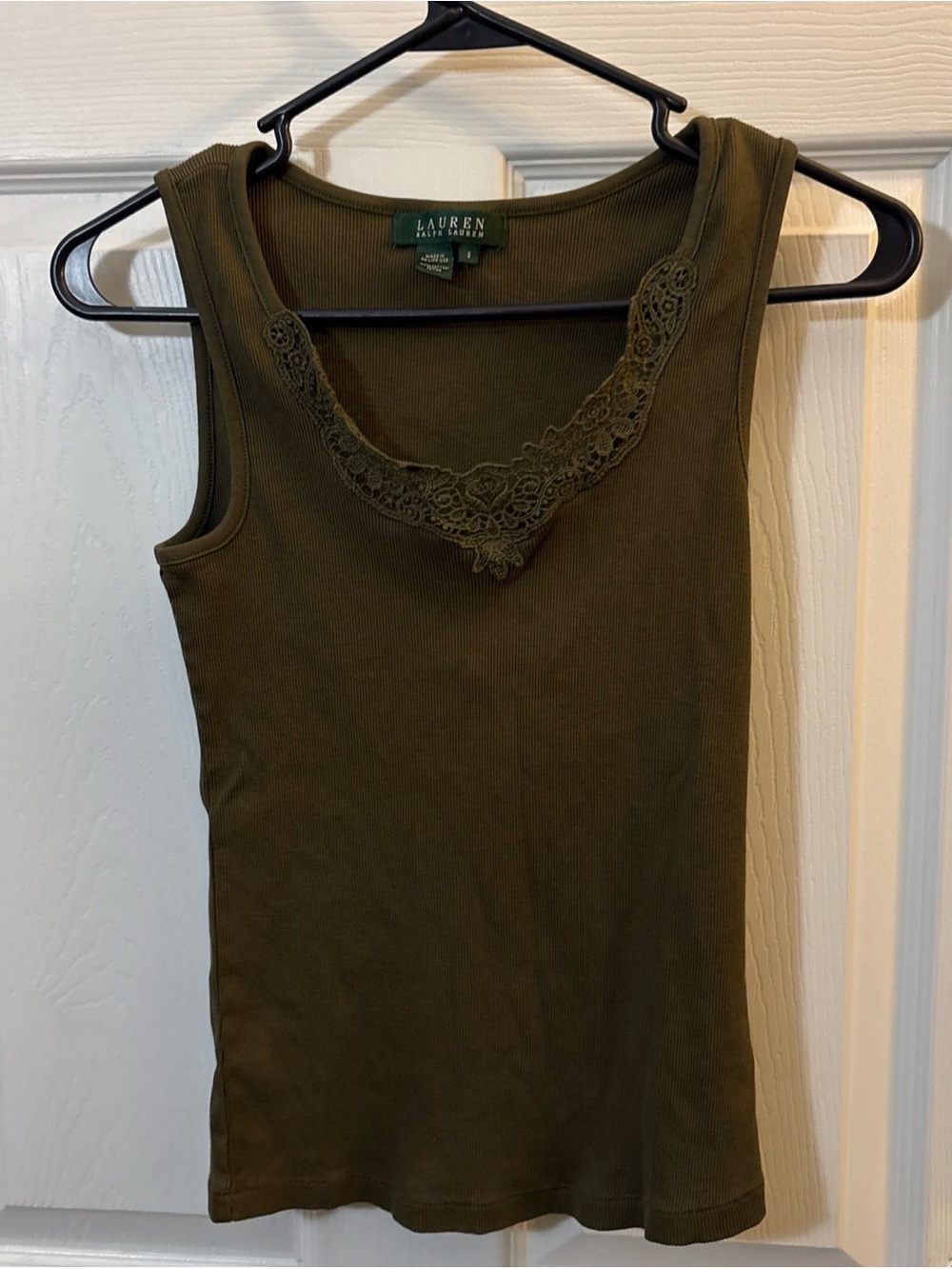 Ralph Lauren Olive Green Lace-Trim Ribbed Tank Top